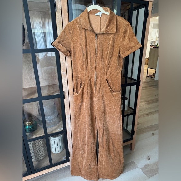 Vici Pants - Corduroy jumpsuit utility pockets zip up collar wide leg short sleeve boiler